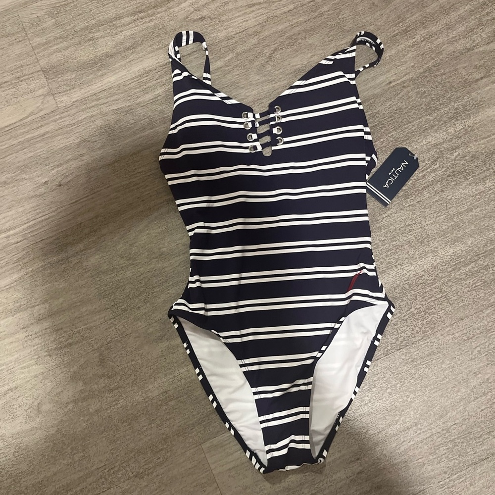 Nautica Blue and White One Piece Swimsuit Classic Stripes new S